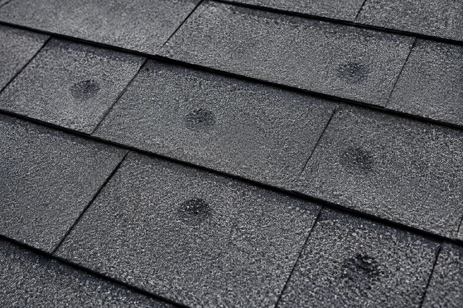 Close-up of hail impact damage and granule loss on asphalt roof shingles