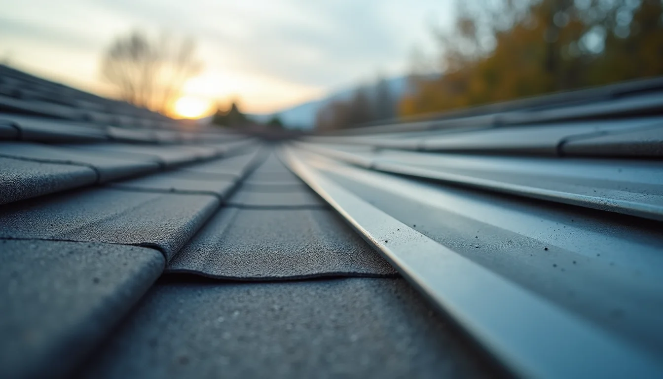 Eye-level view of roofing materials including impact-resistant shingles and metal panels