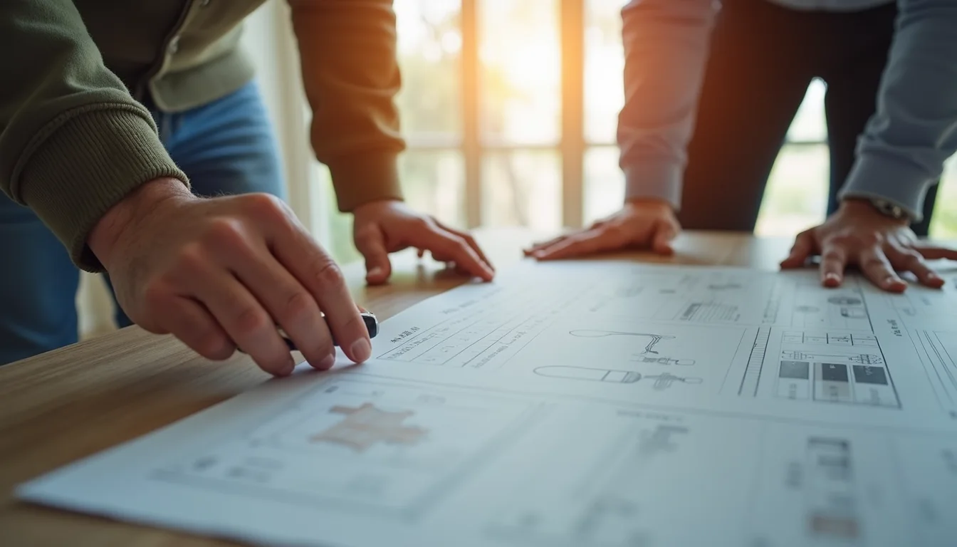 Eye-level view of a homeowner reviewing renovation plans with a contractor