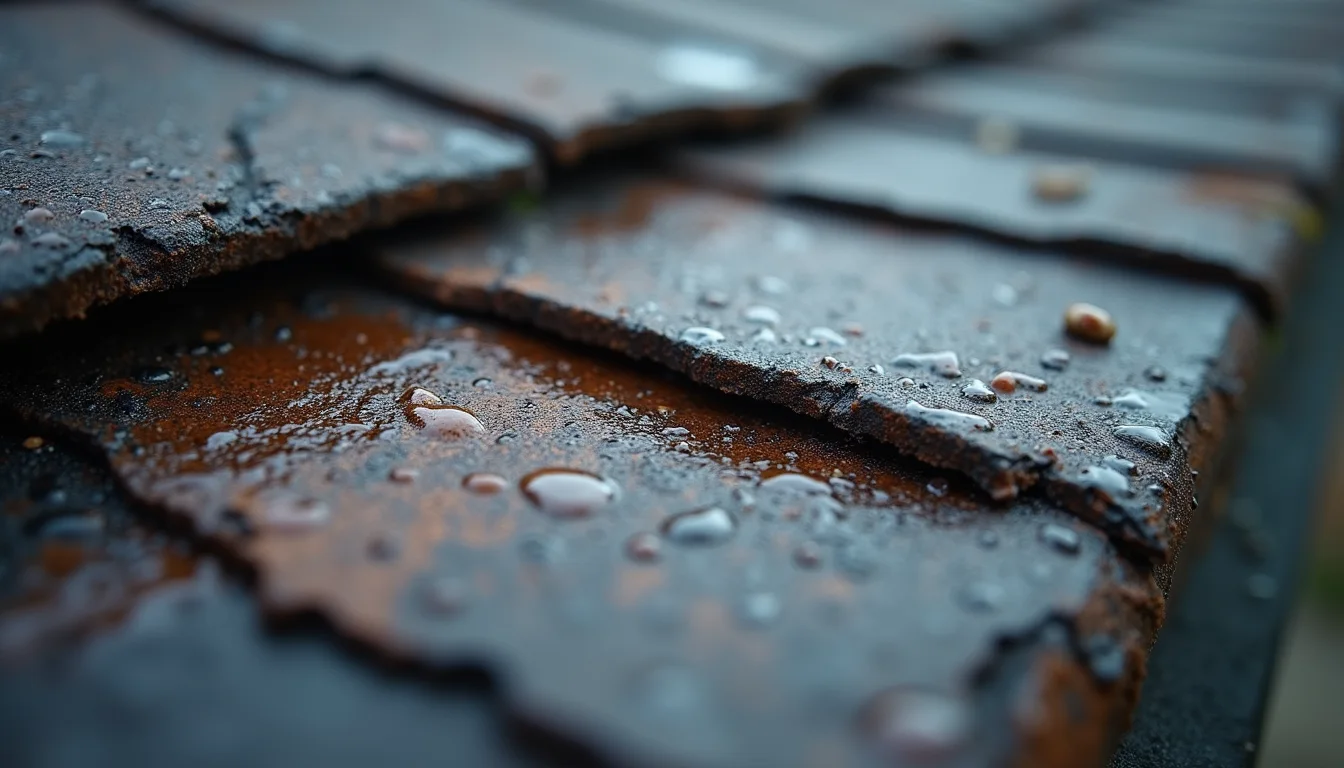 Close-up view of damaged roof shingles with water stains