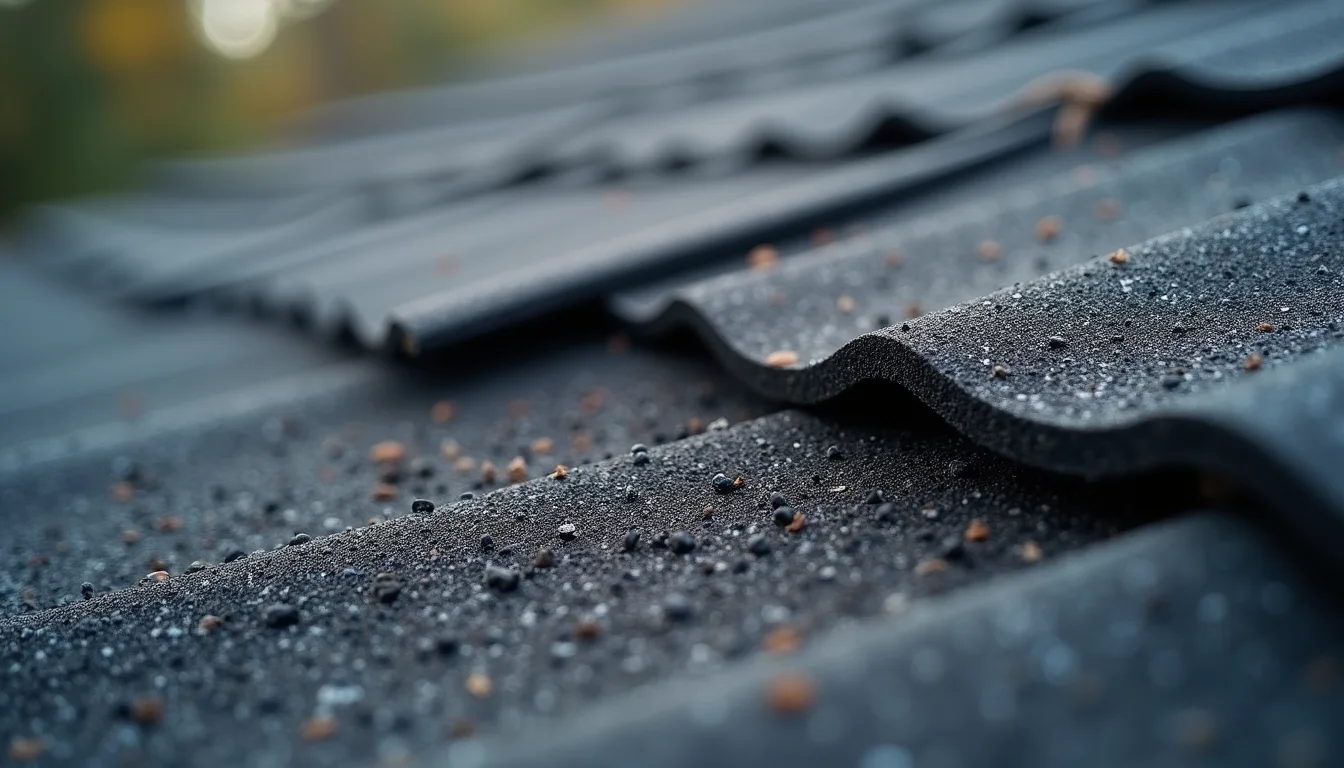 Close-up view of damaged asphalt shingles with granule loss