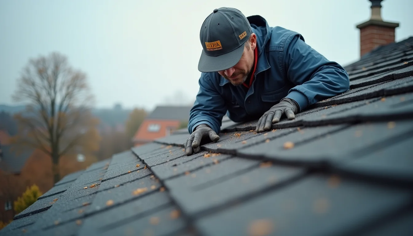 Eye-level view of a roof inspector examining shingles